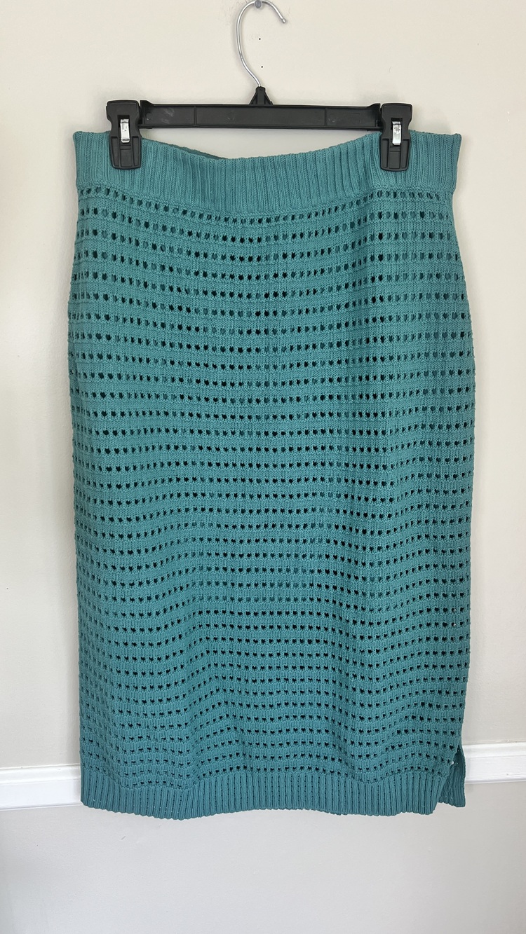 White House Black Market Women's Midi Skirt Teal Green Size L Knit Crochet Boho